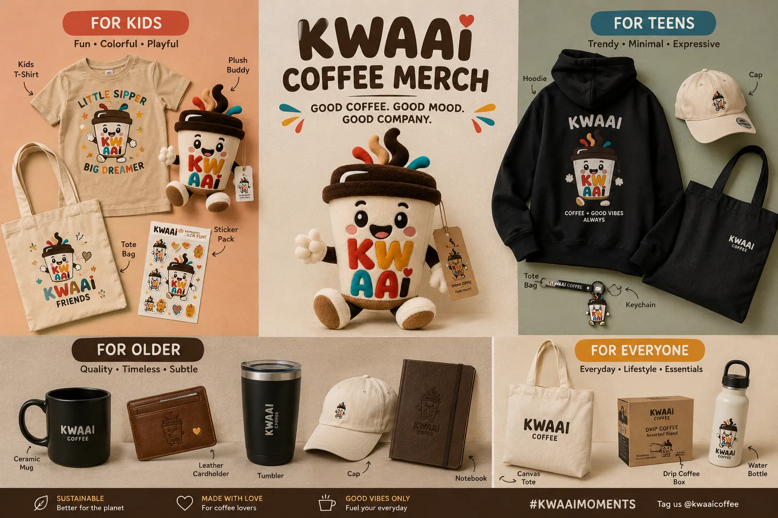 KWAAI Coffee apparel, bags, drinkware and plushie merch